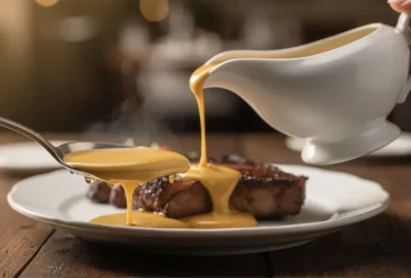 Sauce au beurre dorée versée sur viande rôtie