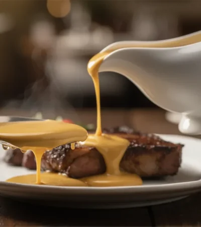 Sauce au beurre dorée versée sur viande rôtie