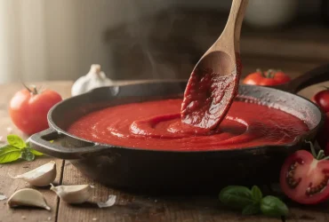 Gros plan de sauce tomate réduite dans sauteuse en fonte