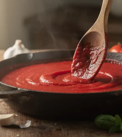 Gros plan de sauce tomate réduite dans sauteuse en fonte