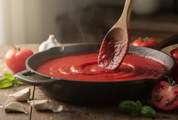 Gros plan de sauce tomate réduite dans sauteuse en fonte