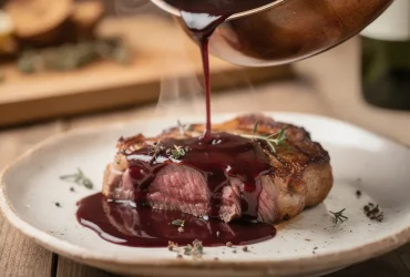 Sauce au vin rouge sur entrecôte saisie
