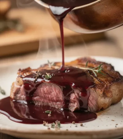 Sauce au vin rouge sur entrecôte saisie