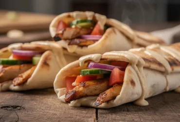 Wraps de shawarma au poulet sur table rustique
