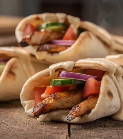 Wraps de shawarma au poulet sur table rustique
