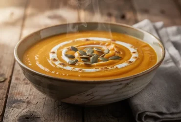 Soupe crémeuse de potiron en bol rustique