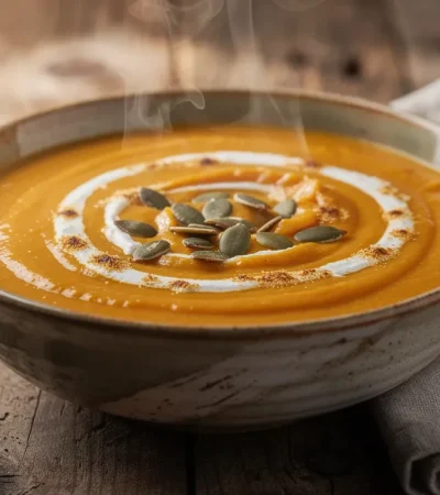 Soupe crémeuse de potiron en bol rustique