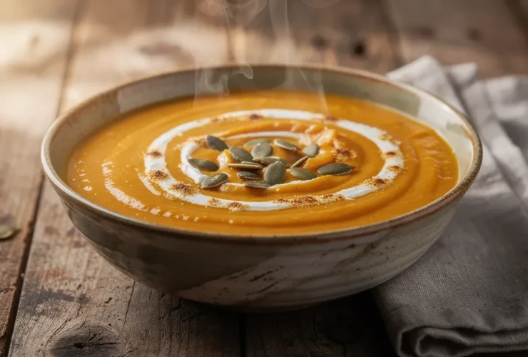 Soupe crémeuse de potiron en bol rustique