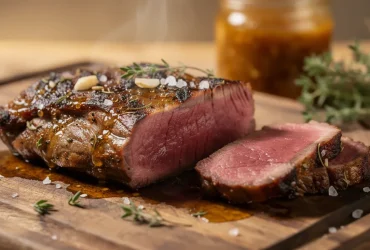 Steak de bœuf mariné sur planche en bois rustique