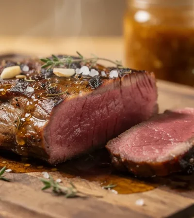 Steak de bœuf mariné sur planche en bois rustique