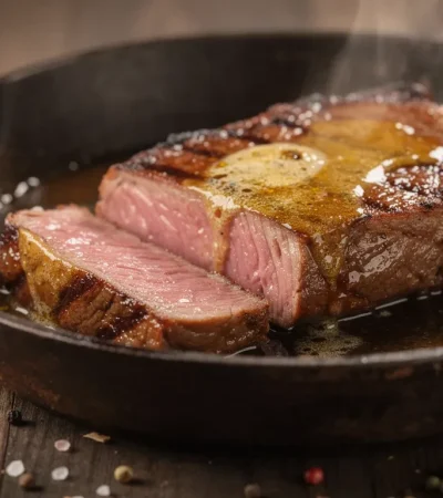Steak medium-rare parfaitement saisi dans poêle en fonte