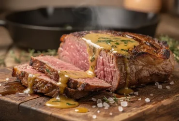 Steak de bœuf tendre tranché avec beurre infusé