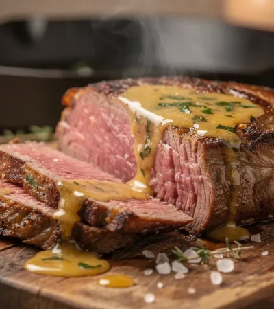 Steak de bœuf tendre tranché avec beurre infusé