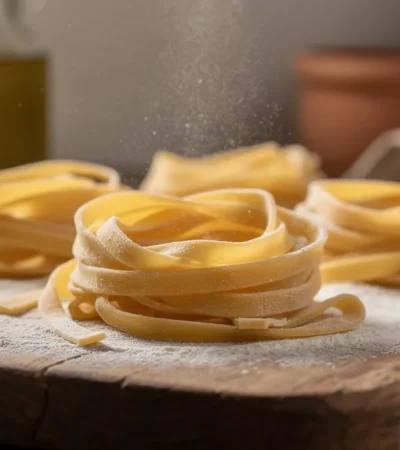 Tagliatelle fraîches maison sur planche en bois