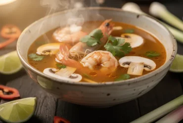 Soupe tom yum fumante dans bol rustique