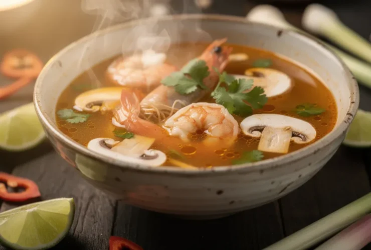 Soupe tom yum fumante dans bol rustique