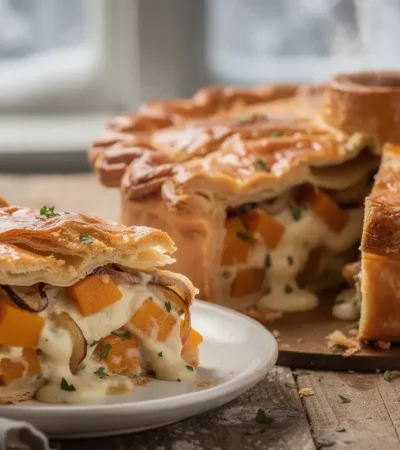 Tourte berrichonne dorée sur table rustique