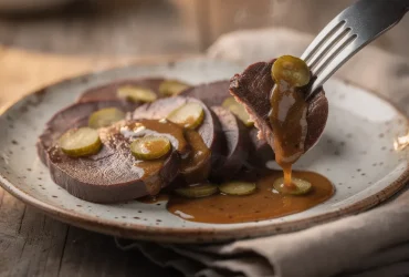 Tranches de langue de bœuf tendre nappées de sauce piquante