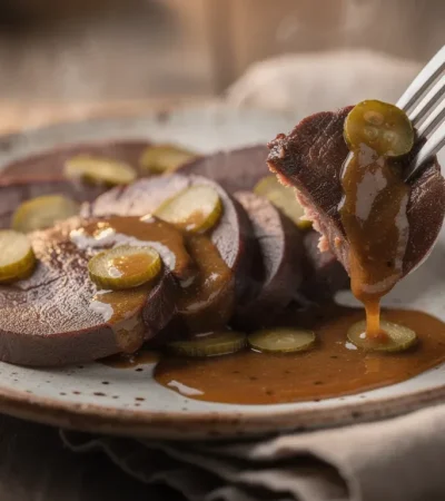 Tranches de langue de bœuf tendre nappées de sauce piquante