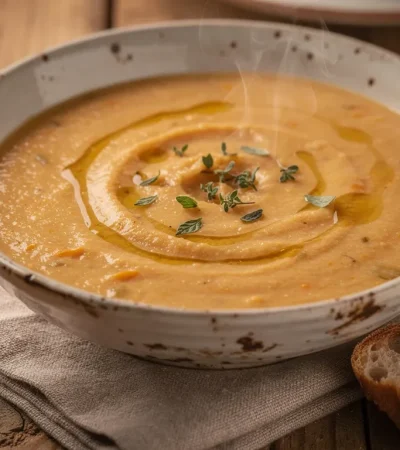 Velouté crémeux de légumes d'hiver dans bol rustique