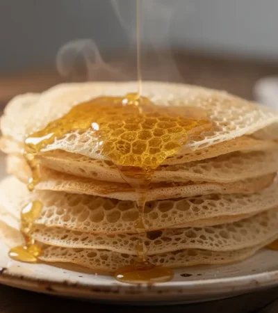 Empilement de baghrir marocains avec miel coulant