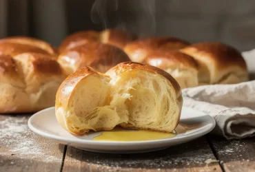 Brioches fraîches sur table rustique