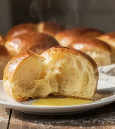 Brioches fraîches sur table rustique