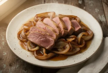 Tranches de foie de veau rose avec oignons caramélisés