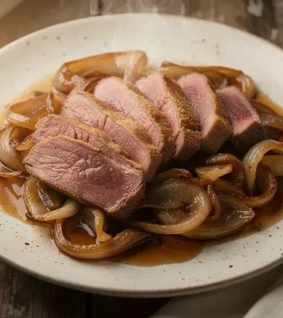 Tranches de foie de veau rose avec oignons caramélisés