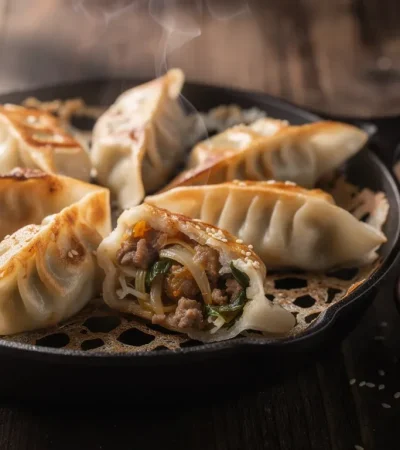 Gyoza frits dorés sur poêle en fonte