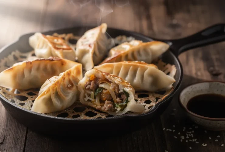 Gyoza frits dorés sur poêle en fonte