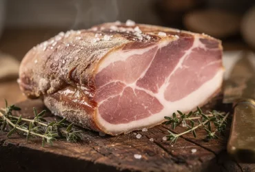 Jambon rustique maison sur planche en bois après rinçage