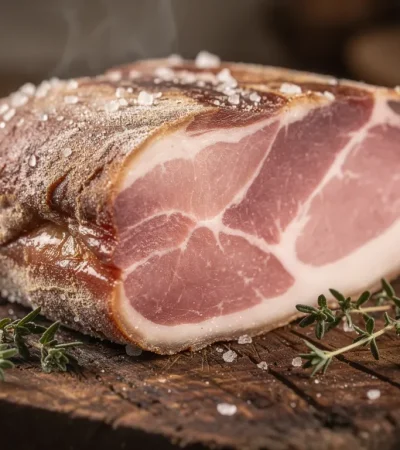 Jambon rustique maison sur planche en bois après rinçage