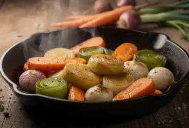 Légumes d'hiver cuits dans poêle en fonte rustique