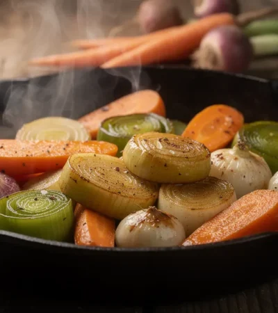 Légumes d'hiver cuits dans poêle en fonte rustique