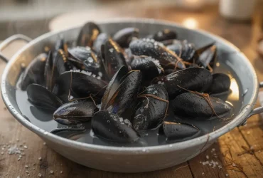 Moules fraîches dans un bassin de zinc
