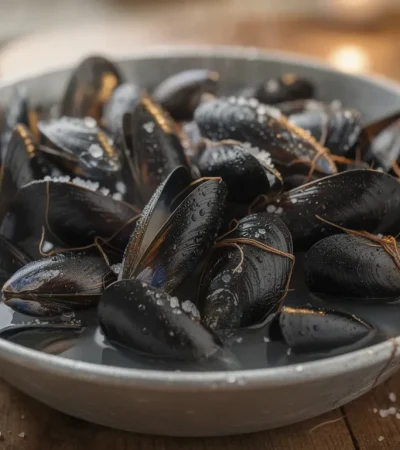 Moules fraîches dans un bassin de zinc