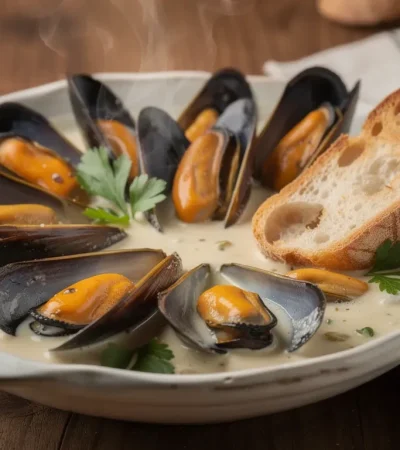 Moules normandes au cidre dans sauce crémeuse