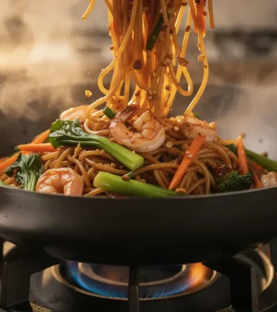 Nouilles wok lancées avec crevettes et légumes