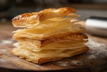 Couches de pâte feuilletée dorée sur planche en bois