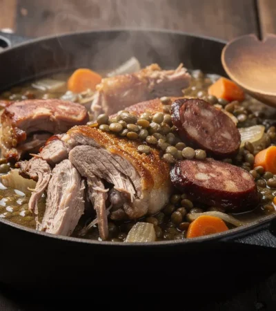 Petit salé aux lentilles dans pot en fonte