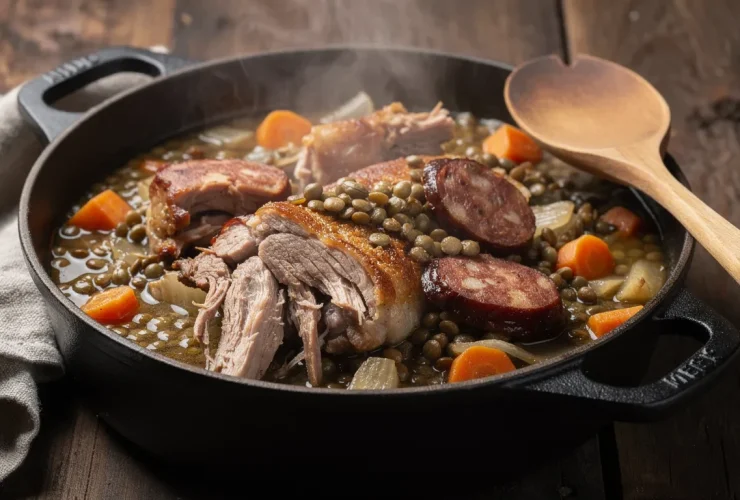 Petit salé aux lentilles dans pot en fonte