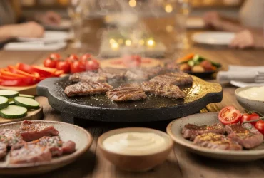 Pierrade en cours de cuisson avec viande et légumes