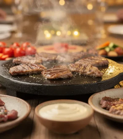 Pierrade en cours de cuisson avec viande et légumes