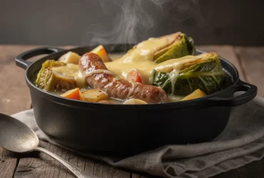 Potée savoyarde fumante en casserole en fonte
