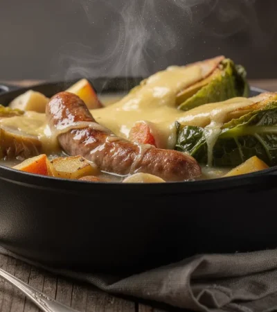 Potée savoyarde fumante en casserole en fonte