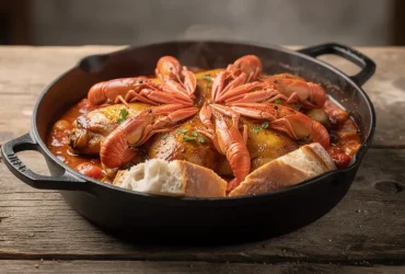 Poulet Marengo avec flambée d'écrevisses au cognac