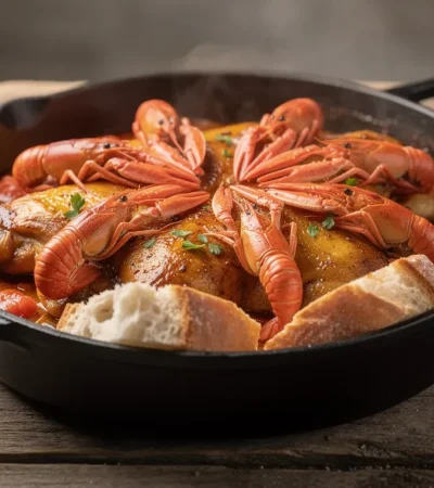 Poulet Marengo avec flambée d'écrevisses au cognac