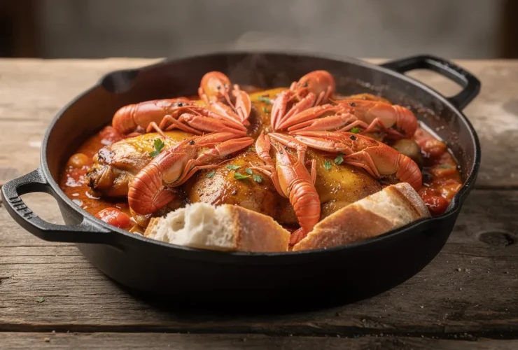 Poulet Marengo avec flambée d'écrevisses au cognac