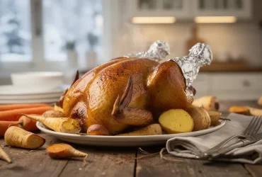 Poulet rôti avec ailes protégées par aluminium froissé